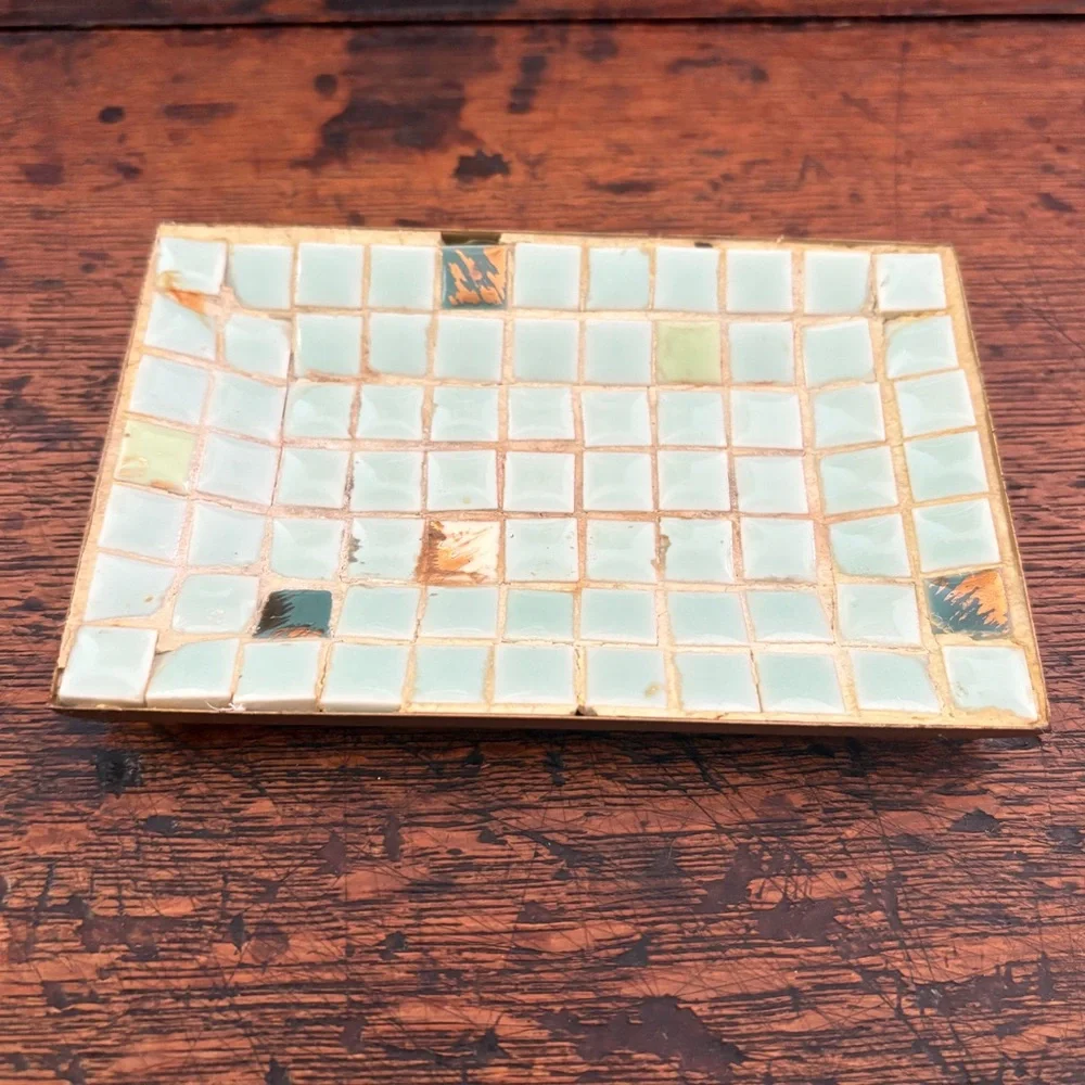 Mid-Century Aqua Mosaic Tile Trinket Tray with Gold-Tone Base